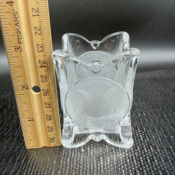 Vintage Square Clear Crystal Frosted Coin Toothpick Holder Match Holder Small - Picture 2 of 13